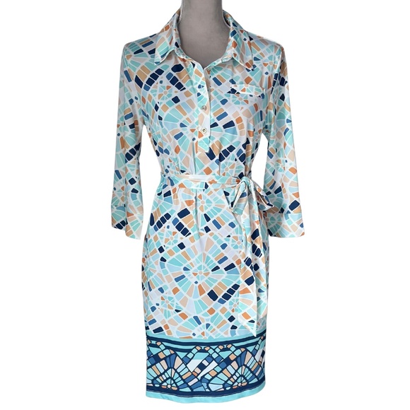 Jean-Pierre Klifa Paris Mosaic Print Tie Waist Shirt Dress Size L Multicolor - Picture 1 of 10